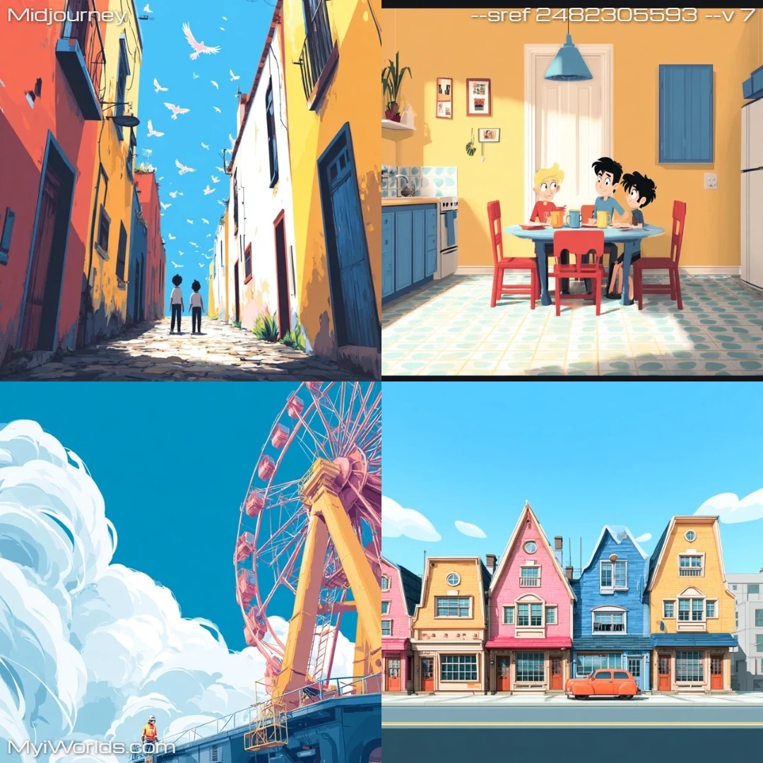 Colorful cartoon illustration with a vibrant urban setting.