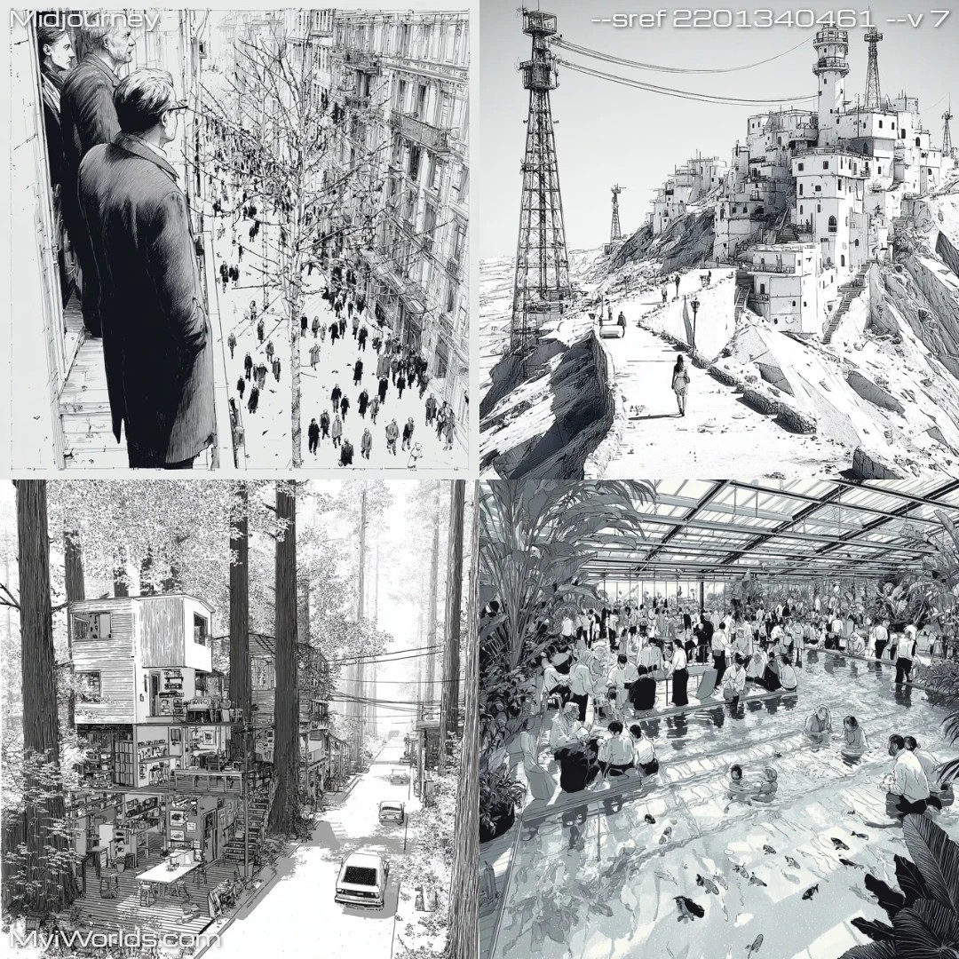 Comic art with line drawing and black-and-white urban scenery.