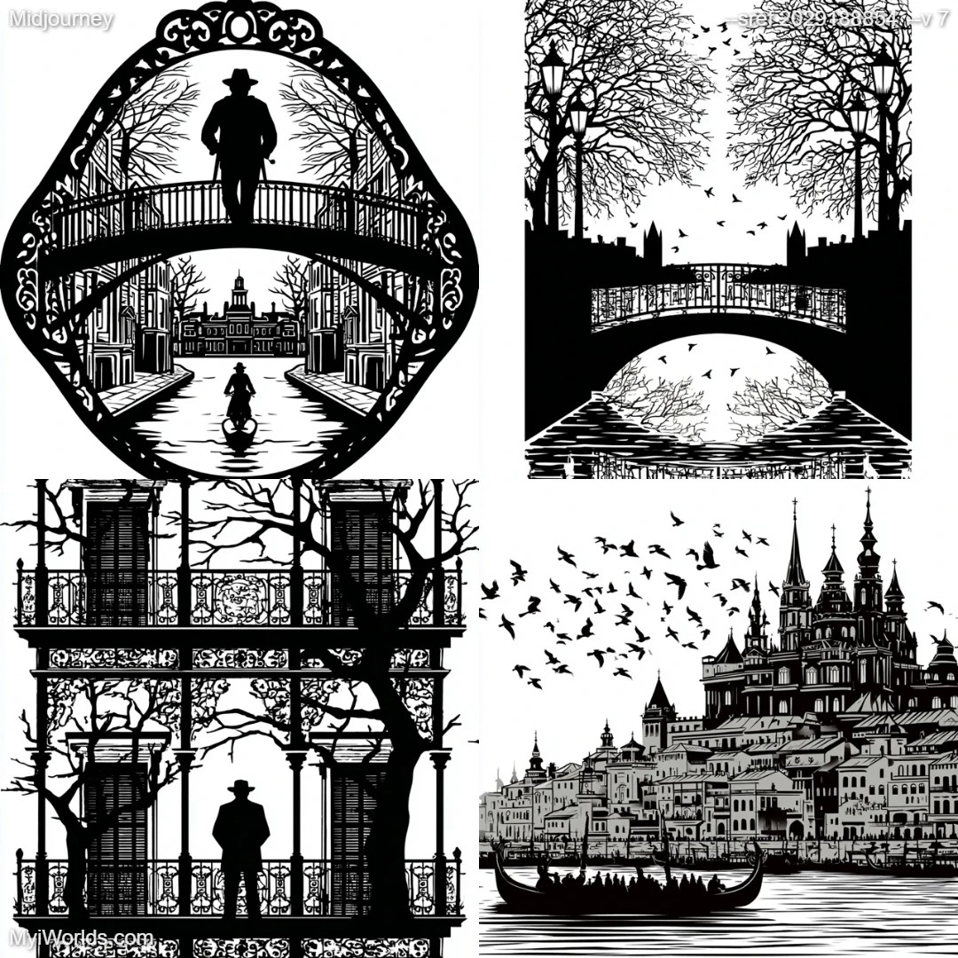 Black-and-white graphic line art with monochromatic tones and detailed architectural illustrations.