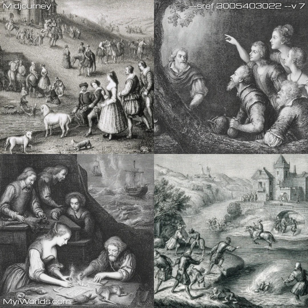 Realistic monochromatic painting with a narrative focus.