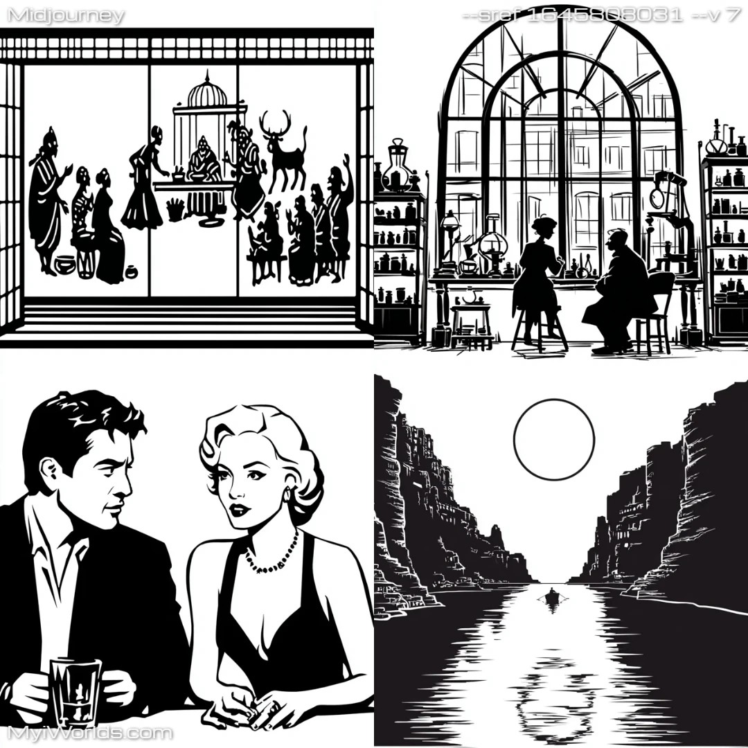 Noir-style black and white illustration with high contrast and a monochromatic color scheme.