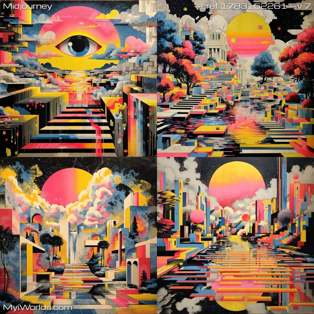 Psychedelic surrealistic geometric art with neon tones.