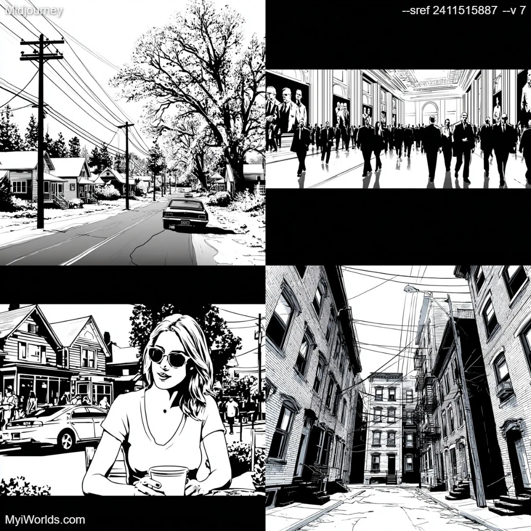 Realistic digital art with a black-and-white urban theme.