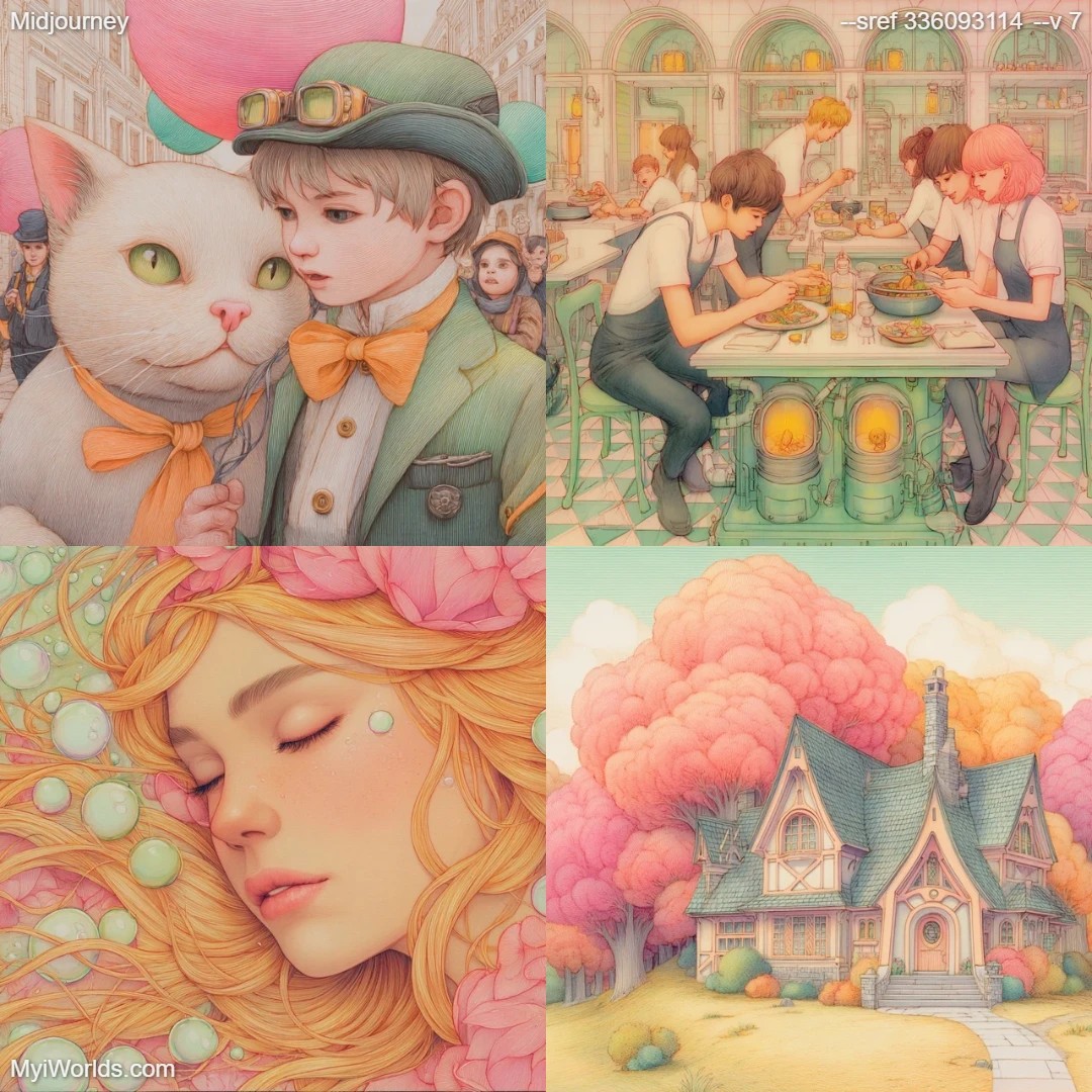 Digital illustration with pastel colors, whimsical characters and a detailed, storybook quality.