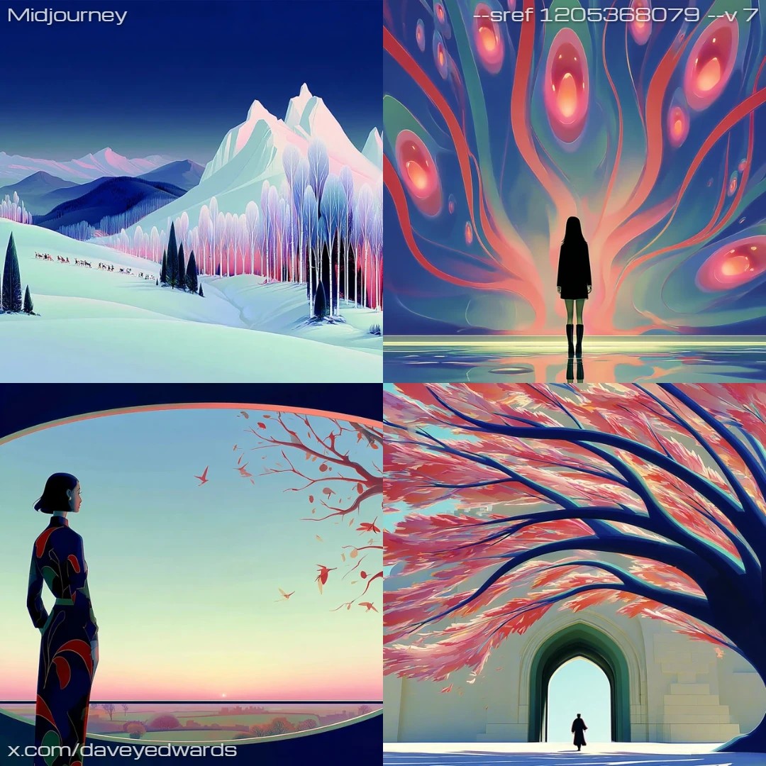 Fantastical art nouveau style with surrealistic elements and stylized imagery.
