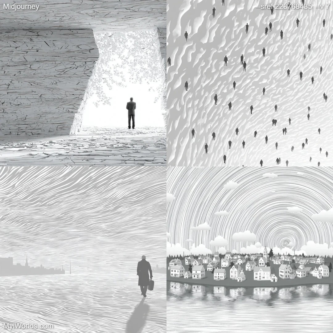 Surrealistic monochromatic art with linear perspective.