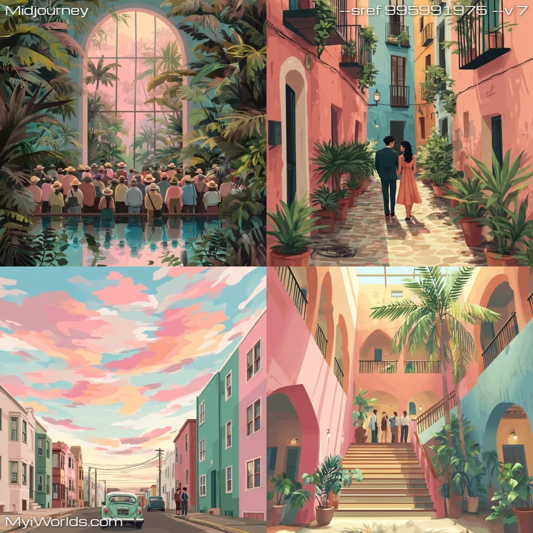 Realistic artwork with a vibrant color palette, featuring warm lighting and an urban landscape.