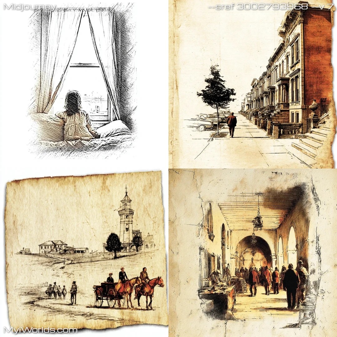 Pencil-sketch-with-muted-colors,-depicting-realistic-architecture-and-city-life.