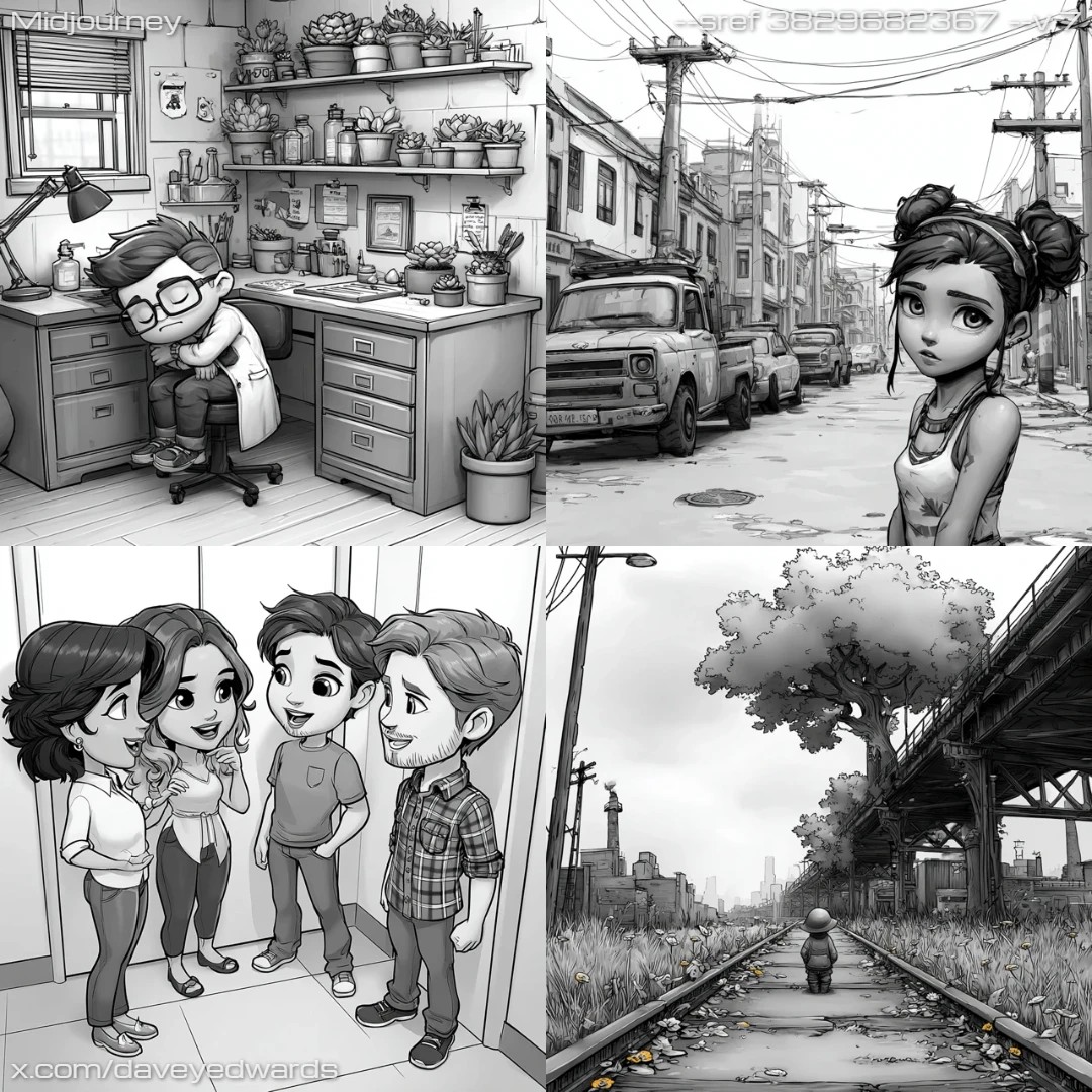 Comic art in black and white with grayscale linework.