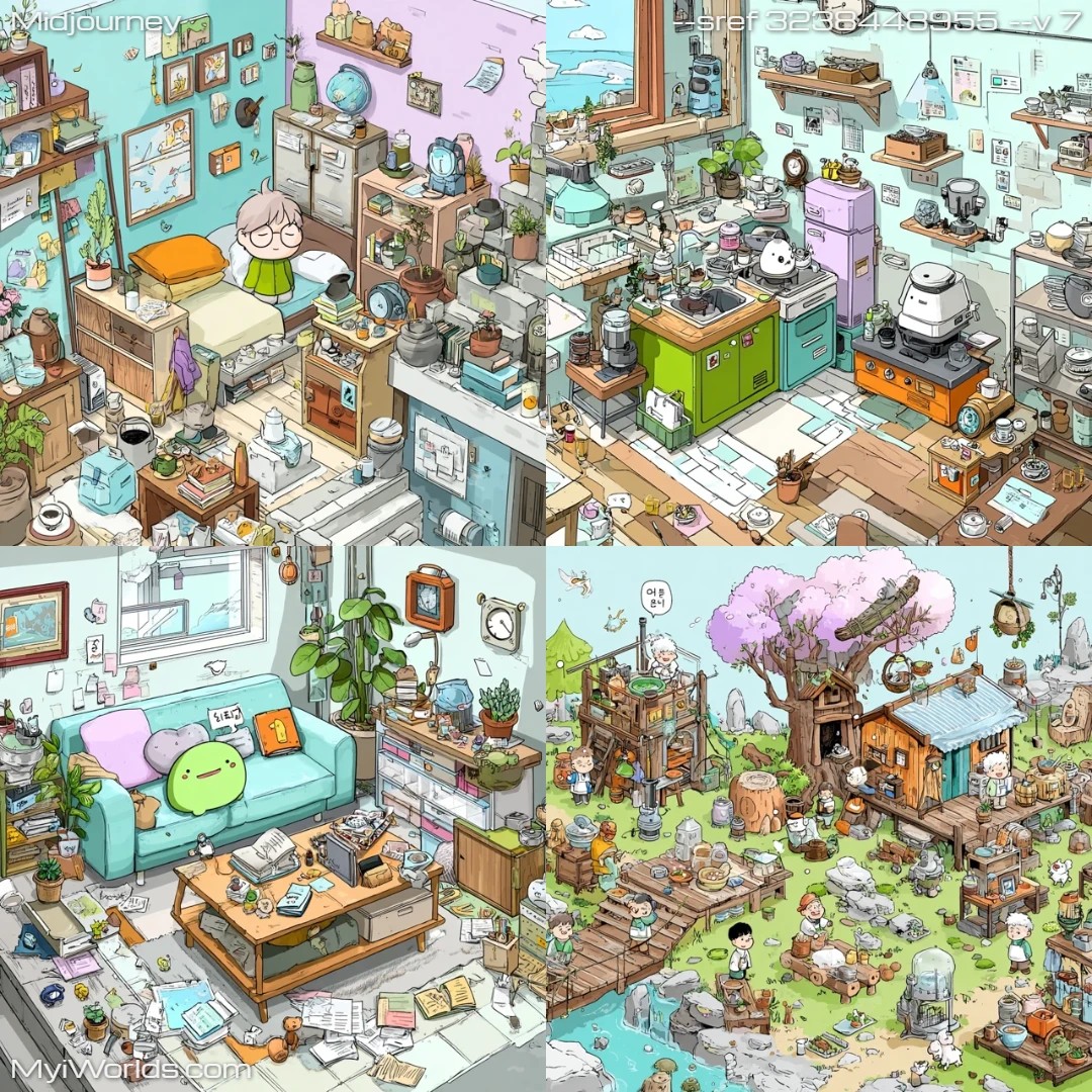 Cartoonish-digital-art-with-high-saturation-and-a-cluttered,-eclectic-mix-of-colors.