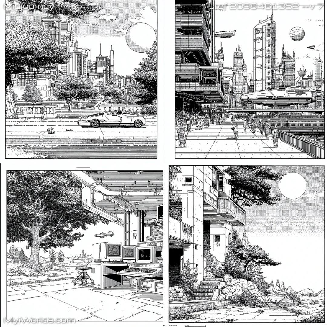 Comic-art-with-high-contrast,-depicting-a-futuristic-urban-scene.