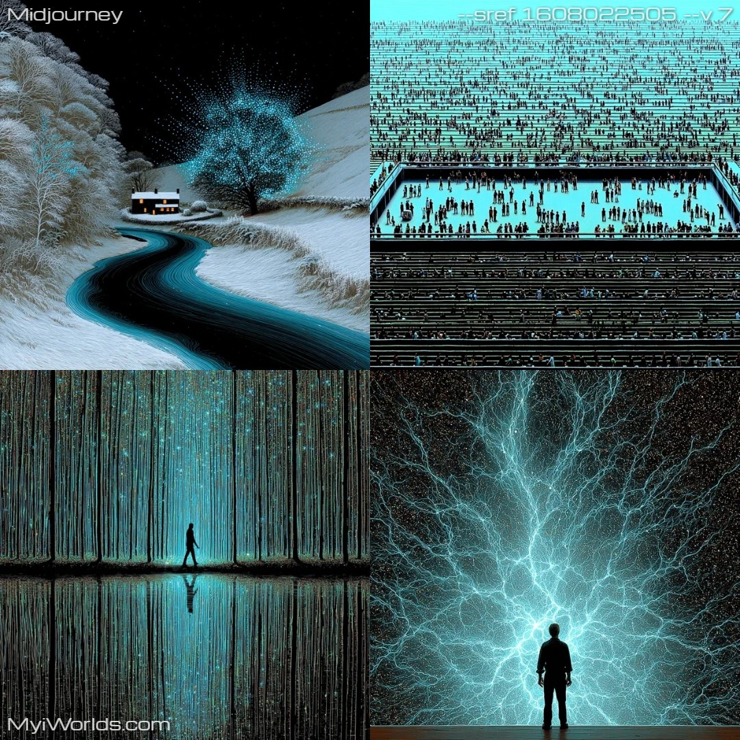 Digital art with moody, dark tones and electric effects.