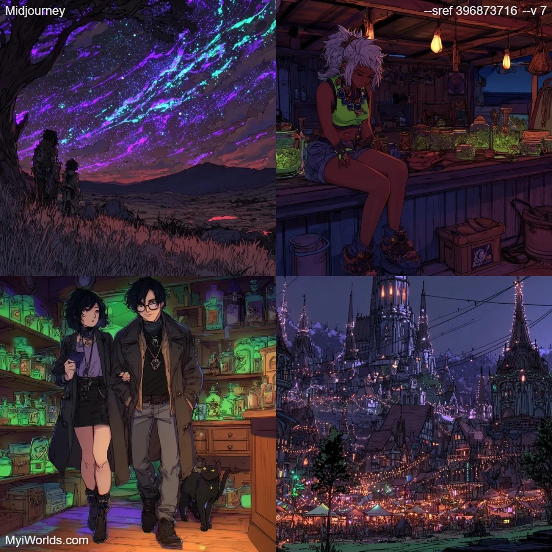 Colorful digital art with detailed shading, illustrating an urban landscape at dusk.