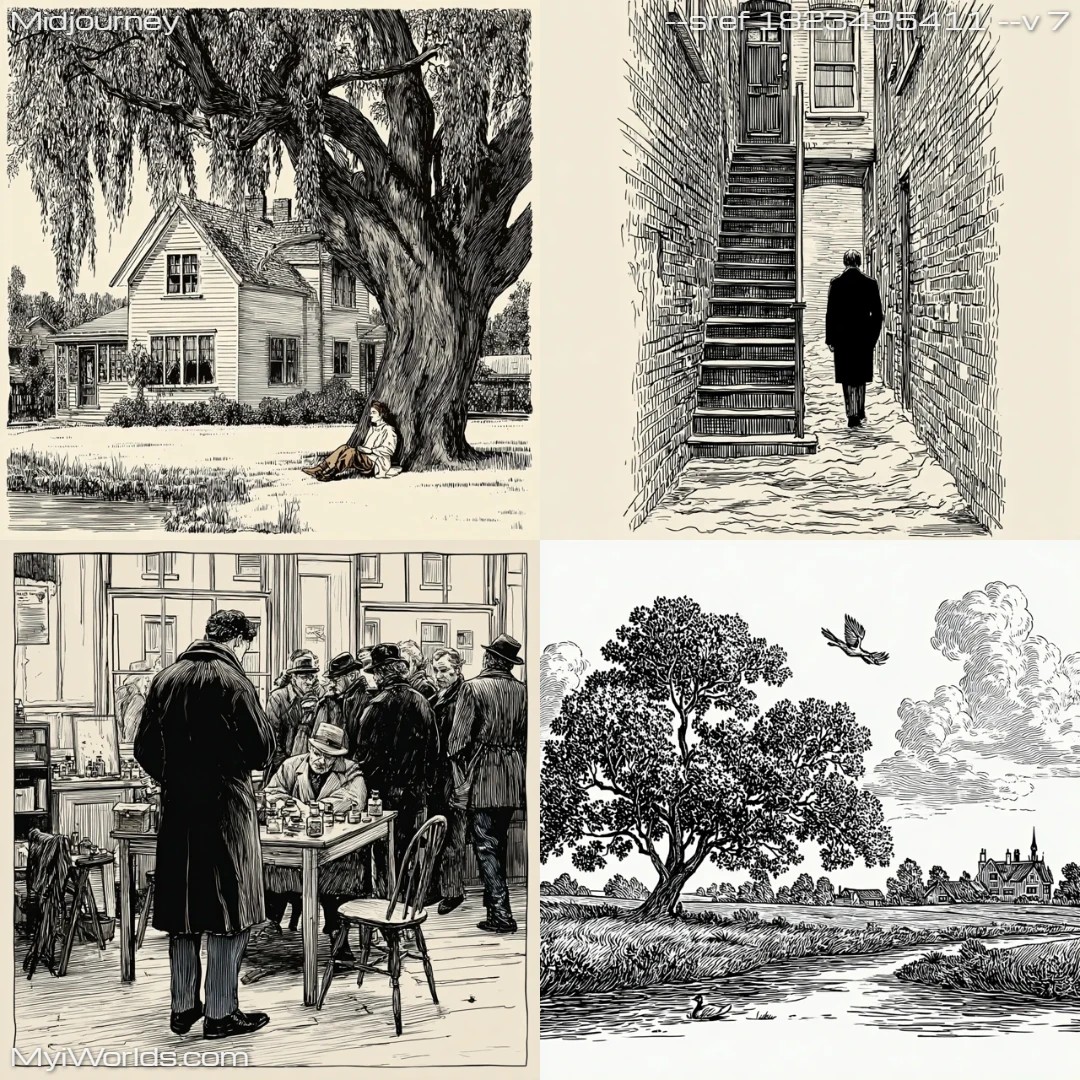 Black-and-white linework comic style illustration with high contrast.