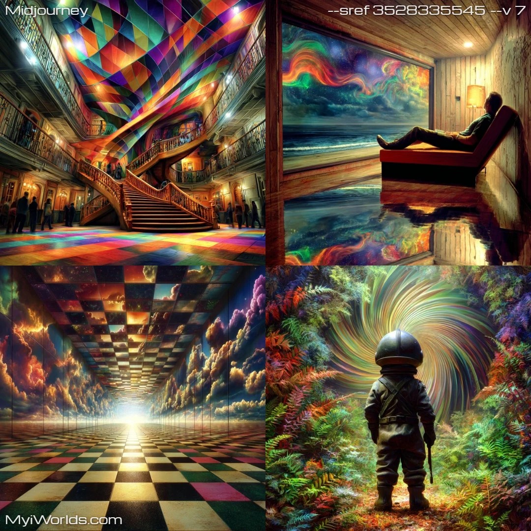 Psychedelic surreal futuristic art with dark and light color contrast.