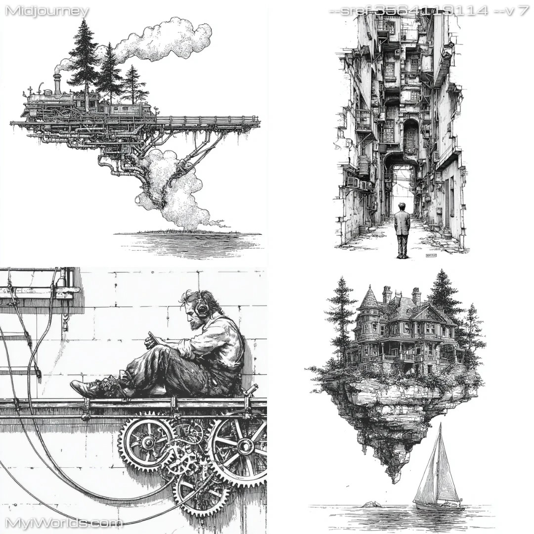Futuristic black-and-white linework with sci-fi elements.