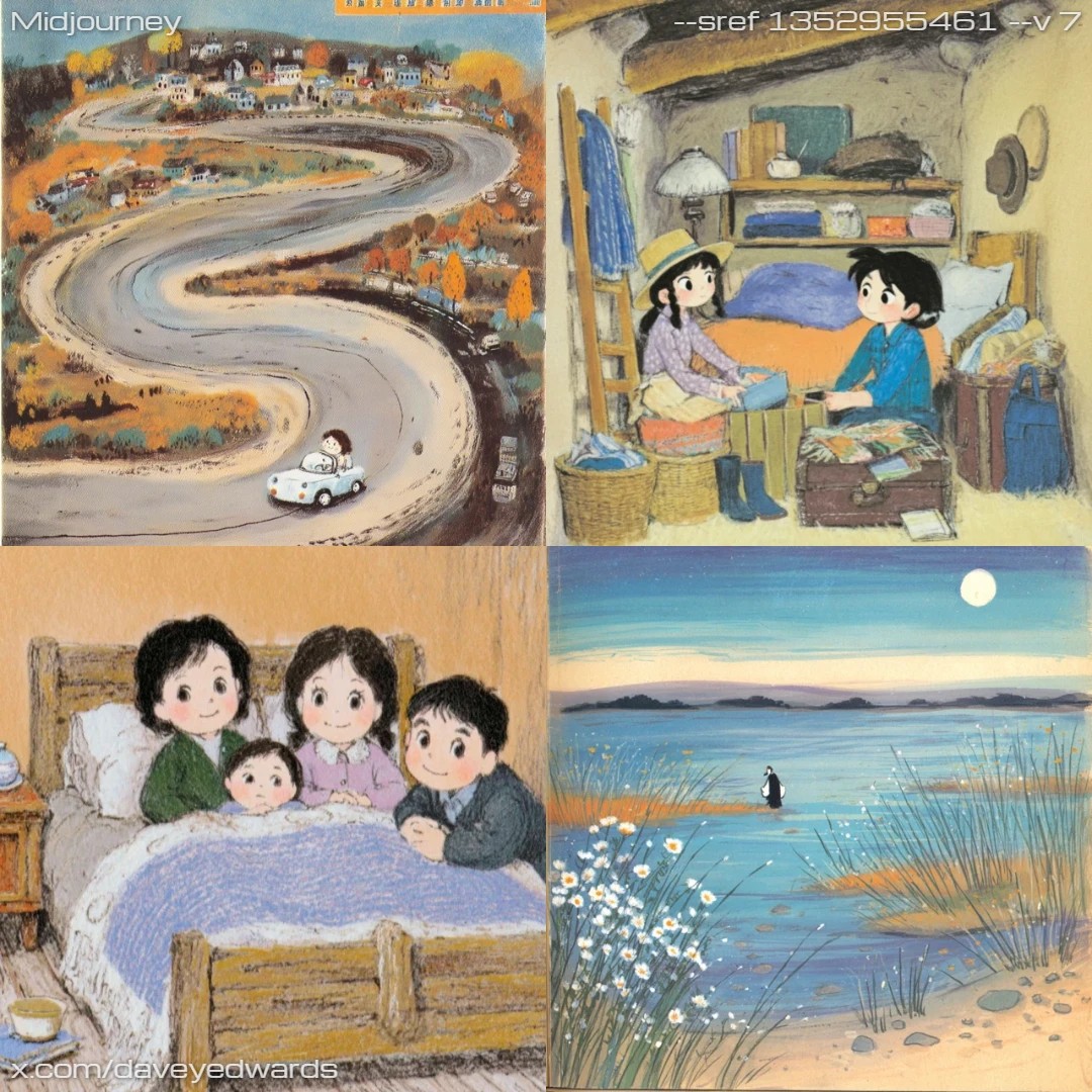 Cartoon illustration with a soft-focus effect, capturing a family moment.