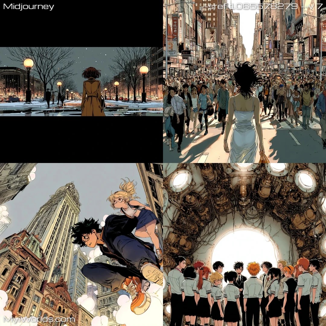 Manga-comic urban art with contrasting lights and line art.