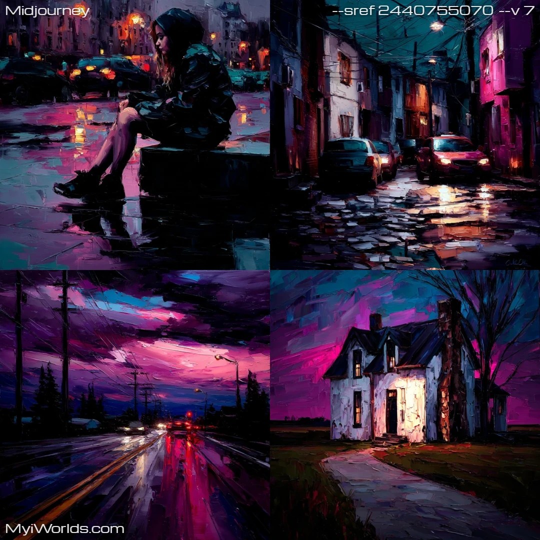 Monochromatic narrative art in an urban setting with atmospheric lighting.