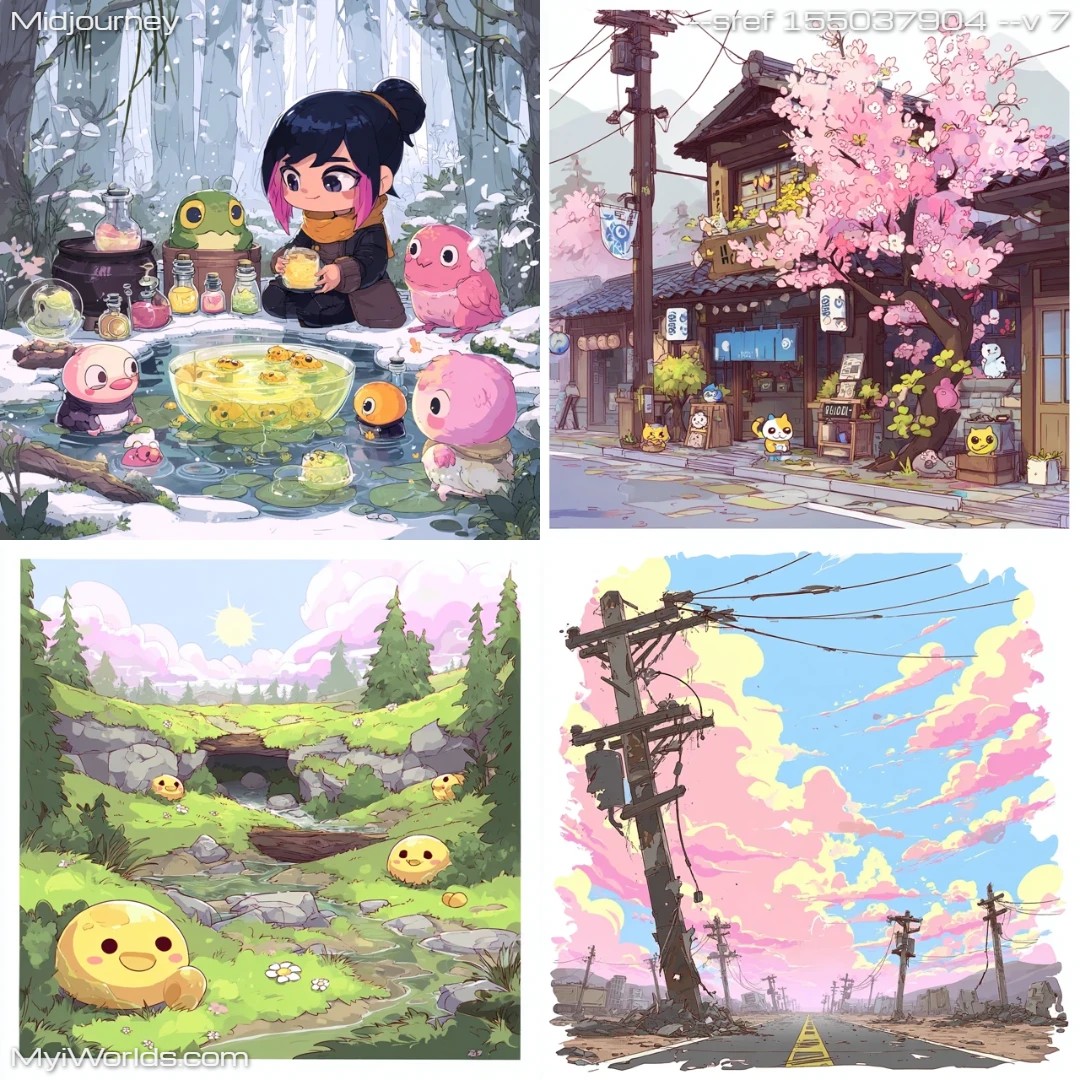 Stylized digital art with bright colors and cartoonish characters in a fantastical landscape.