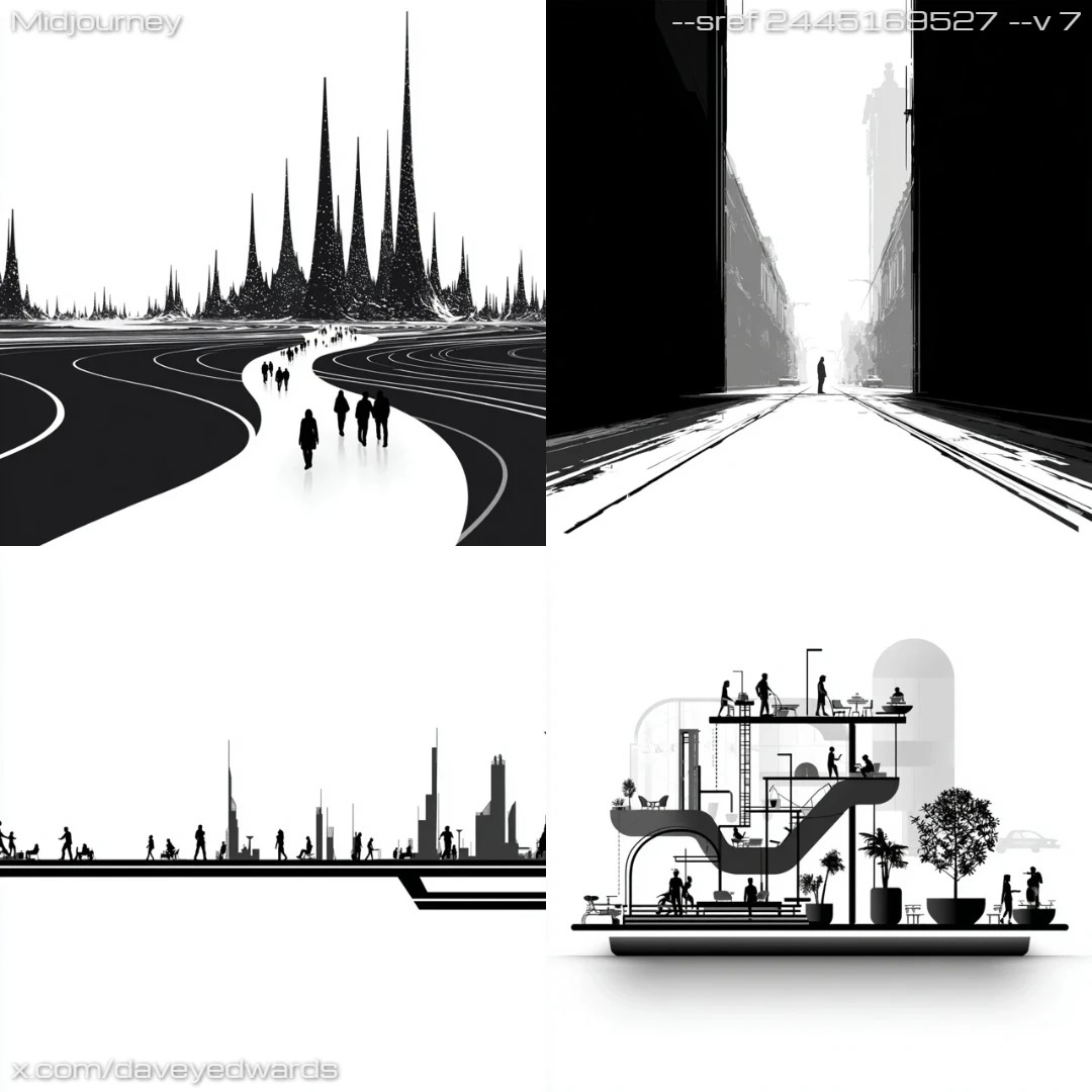 Surreal monochrome art with linear perspective and urban landscape elements.