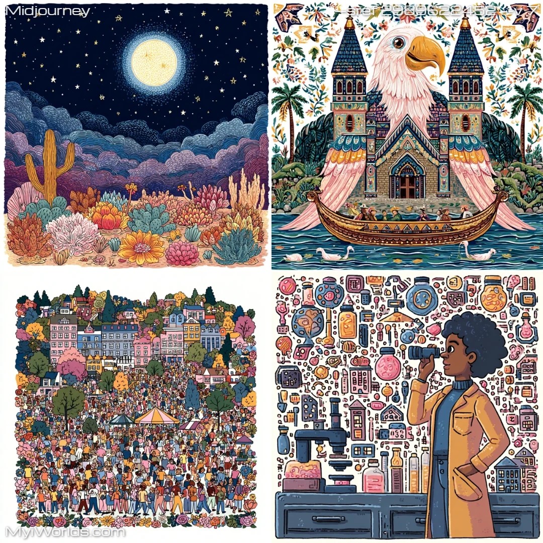 Whimsical colorful illustration with fantastical elements.