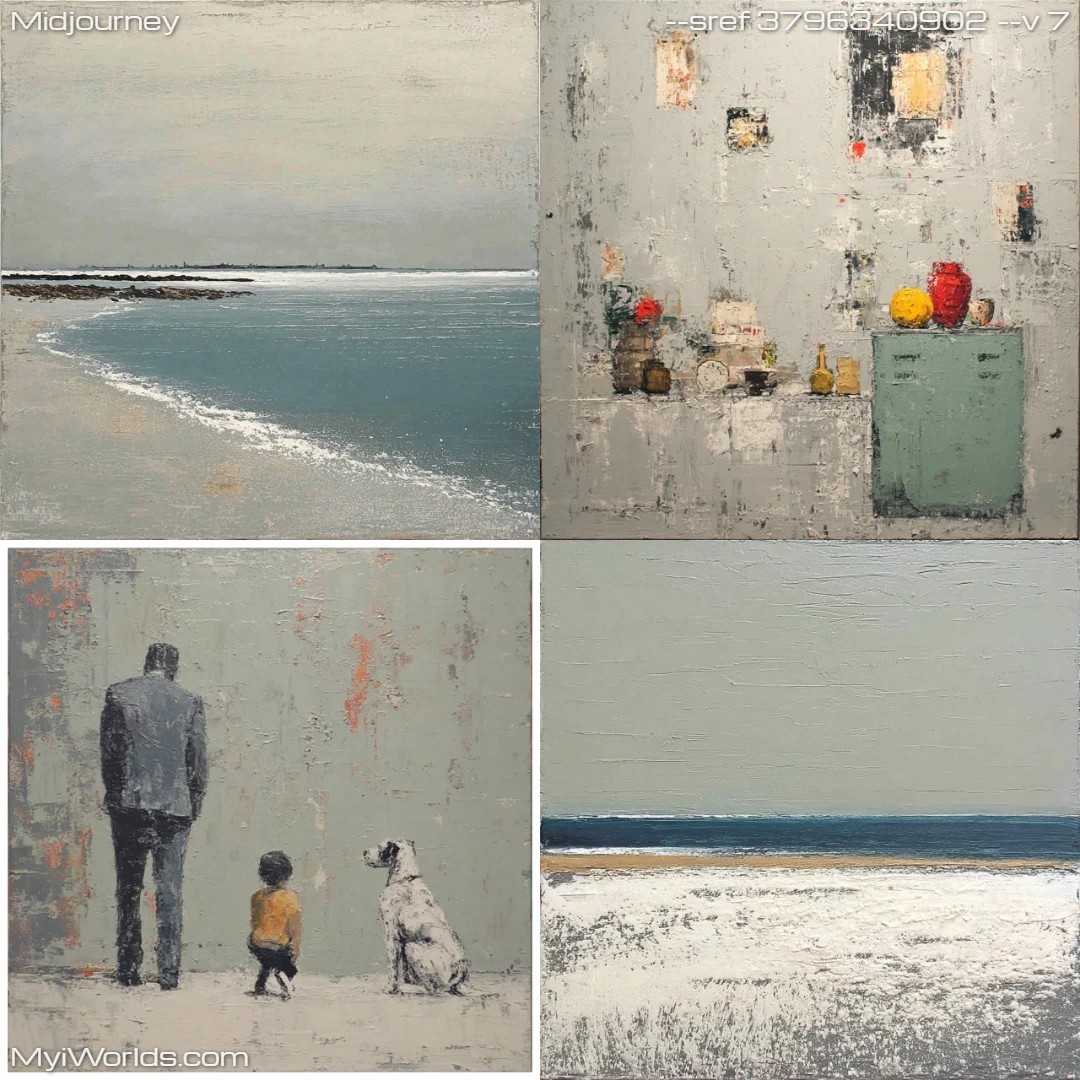 Expressionistic oil painting with muted colors, featuring a figurative style.