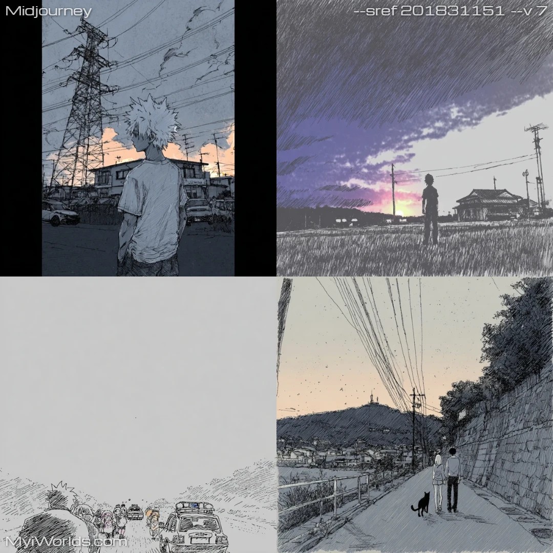 Pencil sketching with a dramatic, low-light urban landscape.