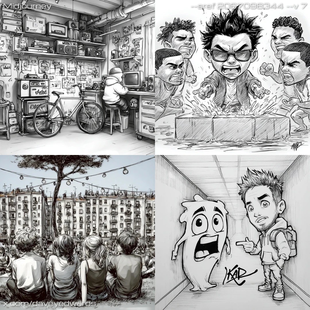 Comic cartoon with emphasis on texture and shading, predominantly in black and white.