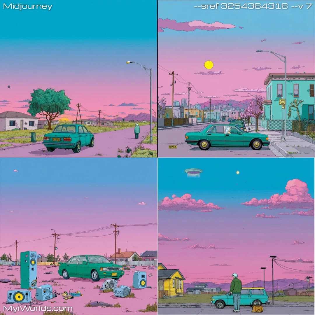 Stylized-cartoon-with-pink-sky-in-a-street-scene.