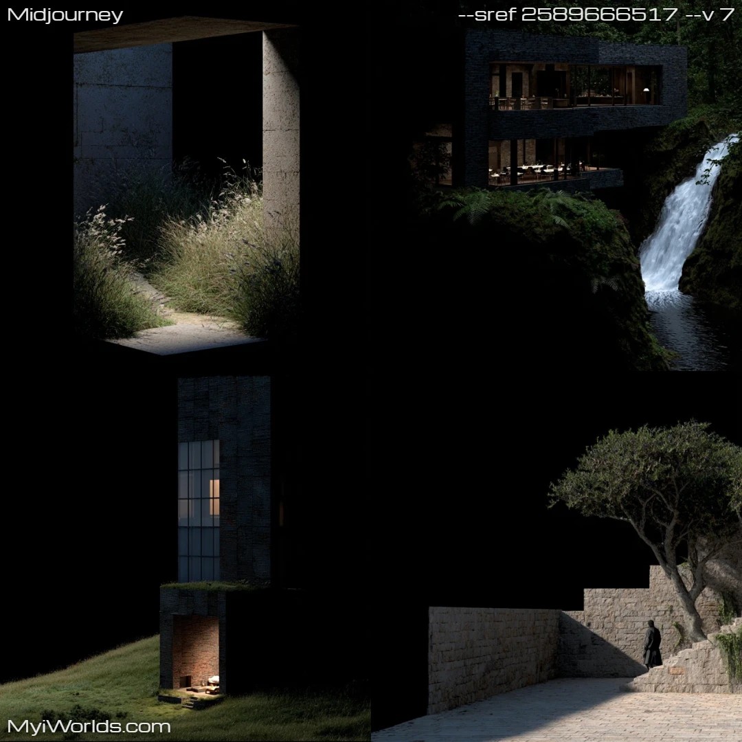 Digital art with a dark, high-contrast mood and architectural focus.