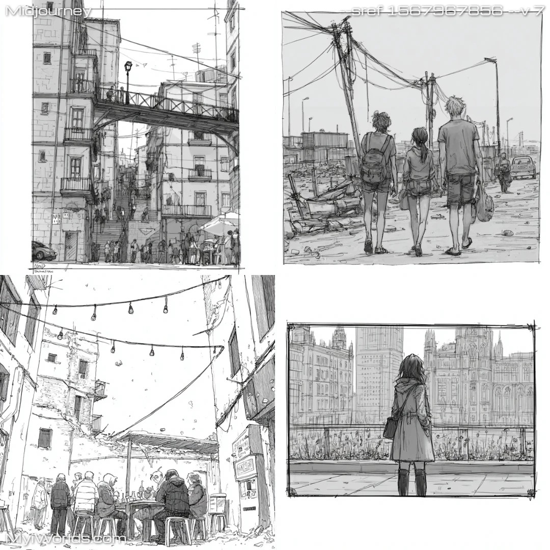 Pencil sketch of high contrast, street scenes with a focus on architectural details and character interactions.