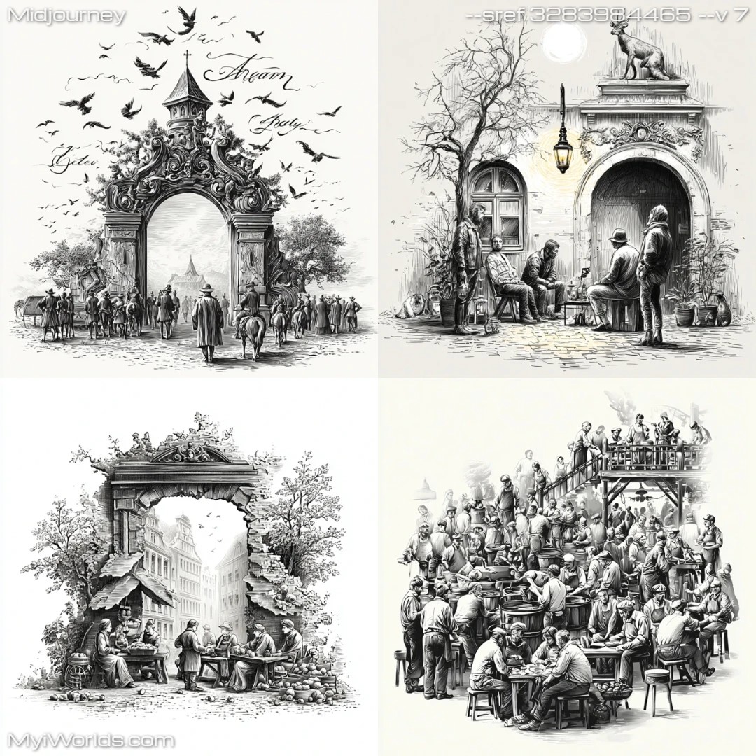 Black-and-white-pencil-drawing-with-detailed-composition,-focusing-on-street-scene-architecture.