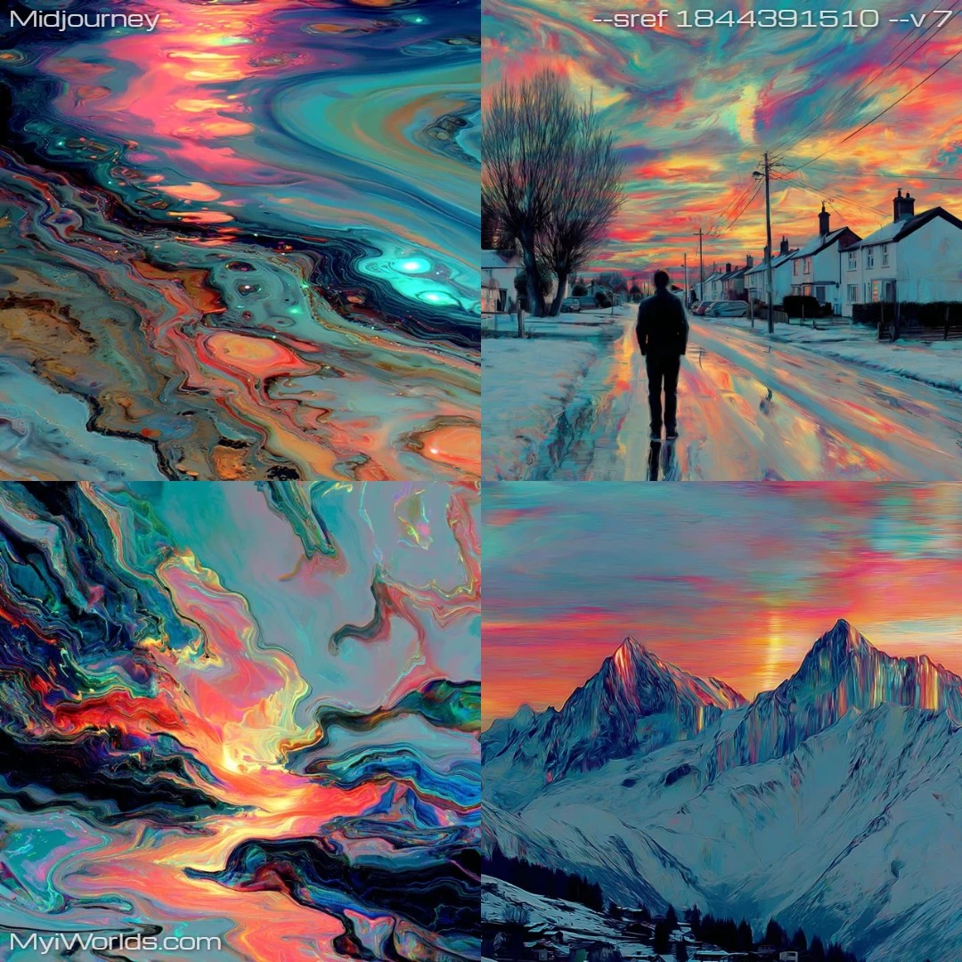 Surrealistic colorful dreamscape with twilight lighting.