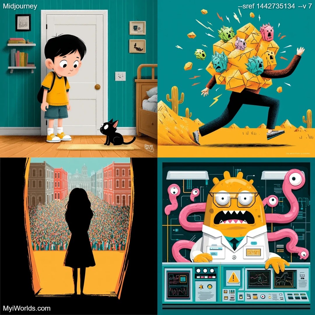 Cartoonish style with stylized characters in limited color palette.