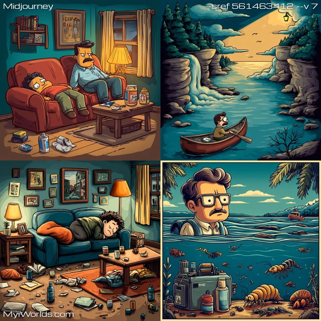 Cartoonish style with limited colors, dark tones, and a stylized approach.