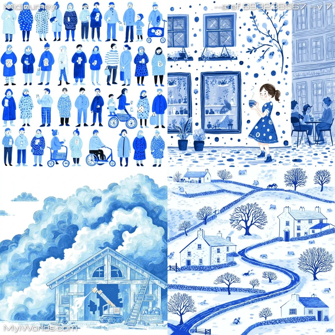 Monochromatic comic-style illustration with a dominant blue theme.