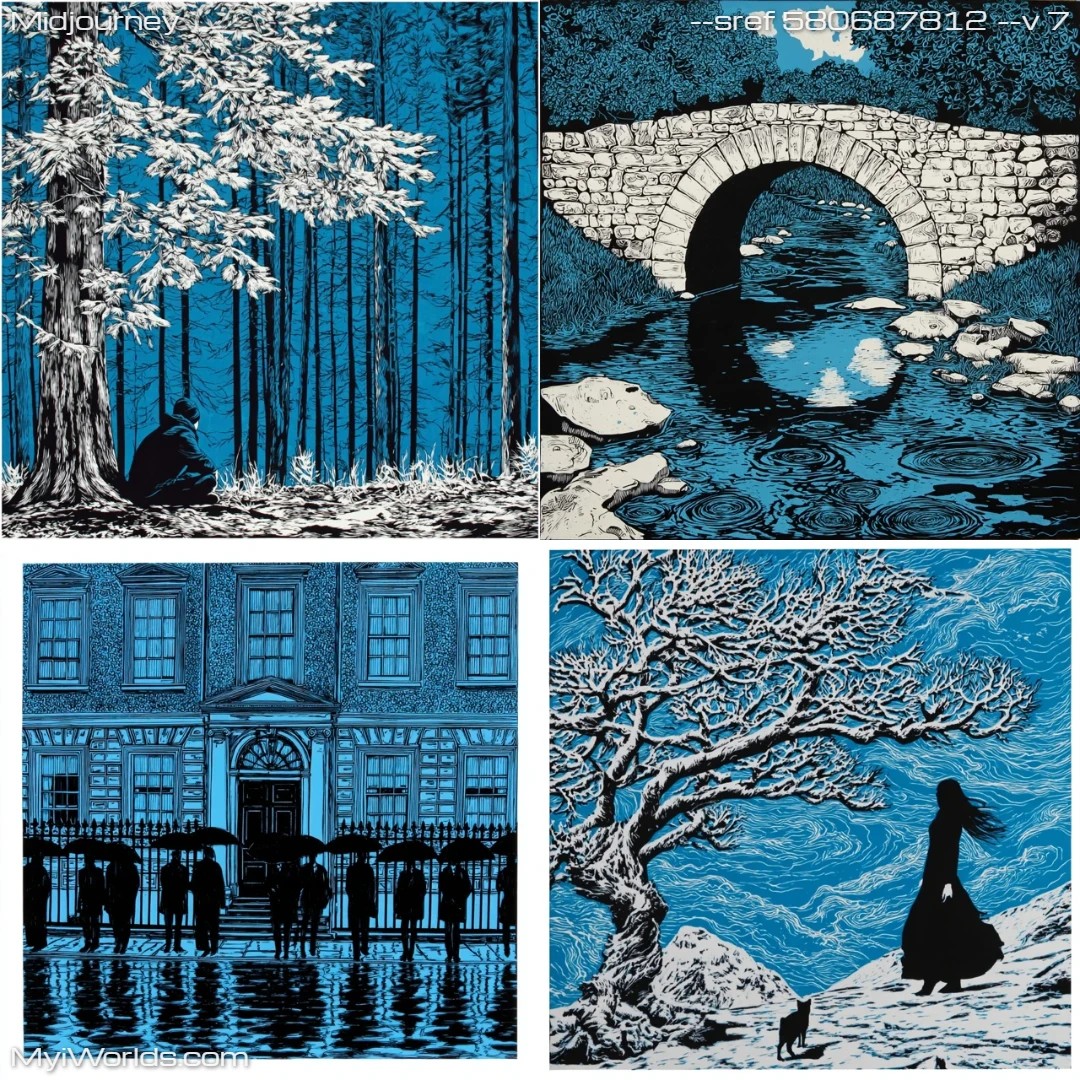 Realistic monochrome winter landscape with textures emphasizing cold stone, reflective surfaces, and misty atmosphere.