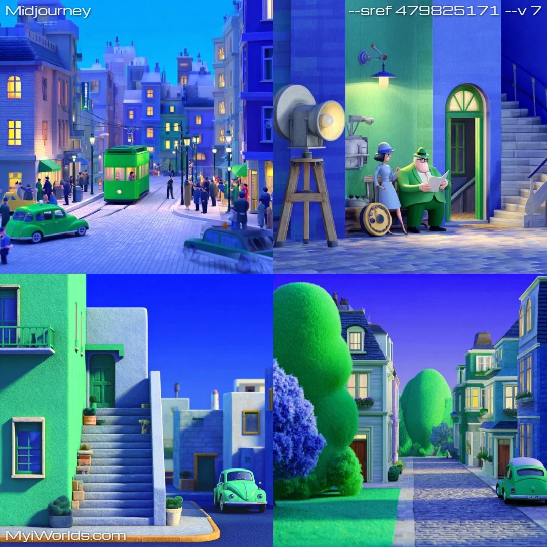 Cartoon art with flat colors, stylized architecture and evening lighting.