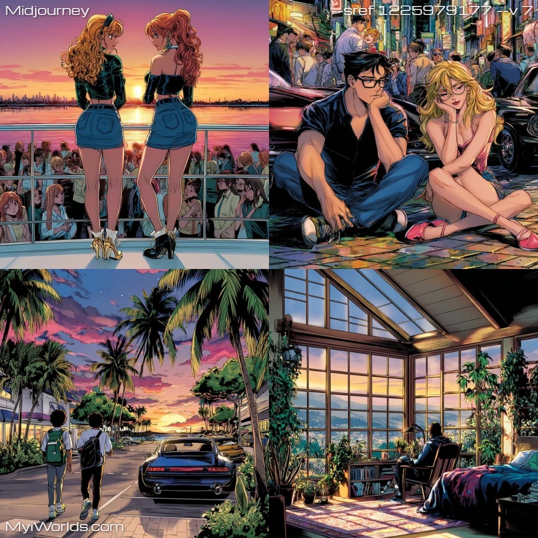 Photo-realistic comic style with evening lighting.