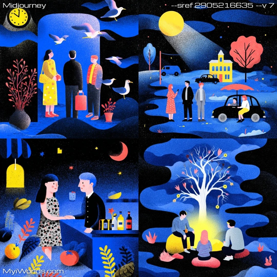 Whimsical-mixed-media-art-with-surreal-elements,-limited-color-palette-of-#D8B38C-(Tan),-#0C0D16-(Black),-#2664DB-(Royal-Blue),-#1D3B85-(Midnight-Blue),-#689BE6-(Cornflower-Blue).