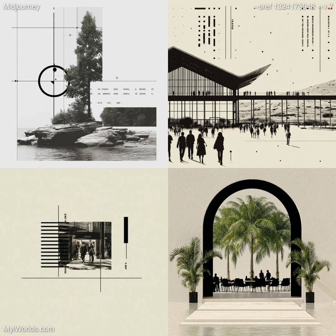 Modernist digital art with a monochromatic palette featuring black, white, and gray tones.