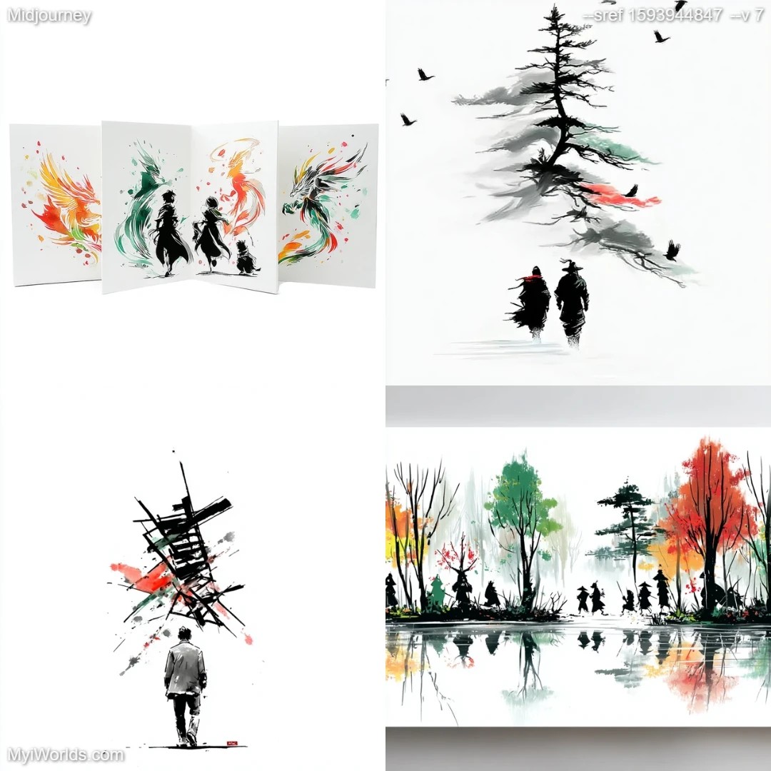 Monochromatic brushstroke landscape with seasonal themes.