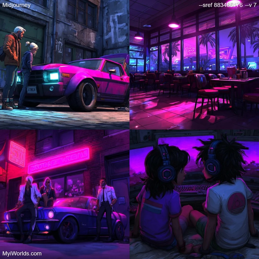 Cyberpunk high contrast mood lighting with urban textures.