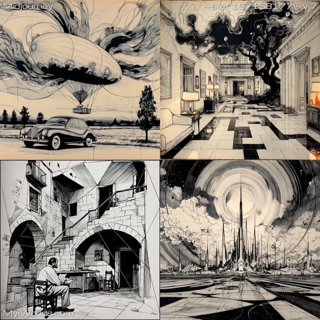 Detailed, surrealistic grayscale illustration with a dreamlike composition.