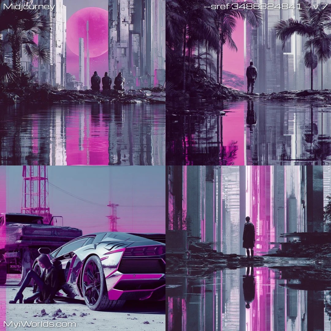 Digital art with a neon-colored, high-contrast lighting in a dystopian scene.