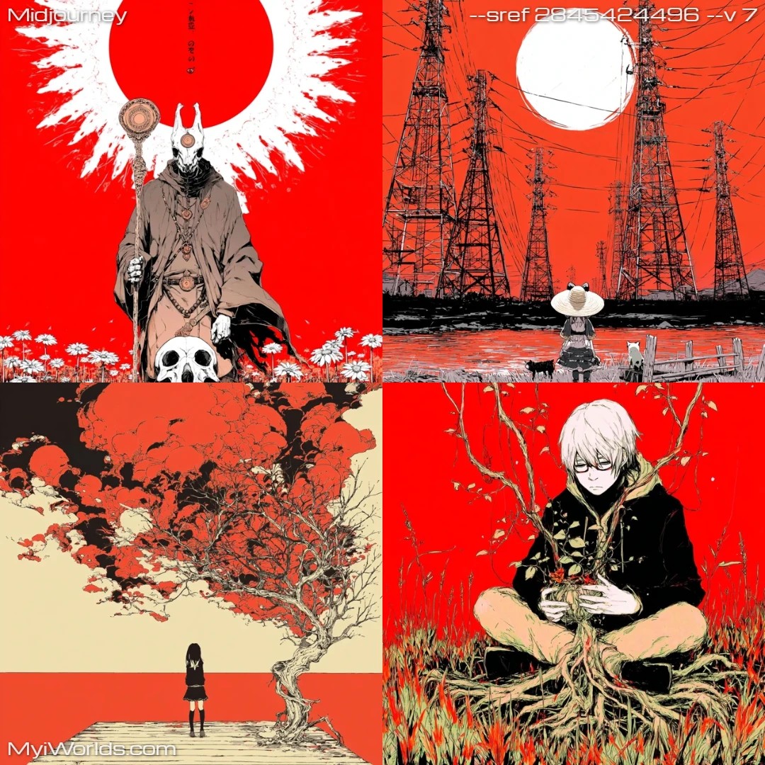 Monochromatic manga-influenced fantasy art with detailed character and background designs.
