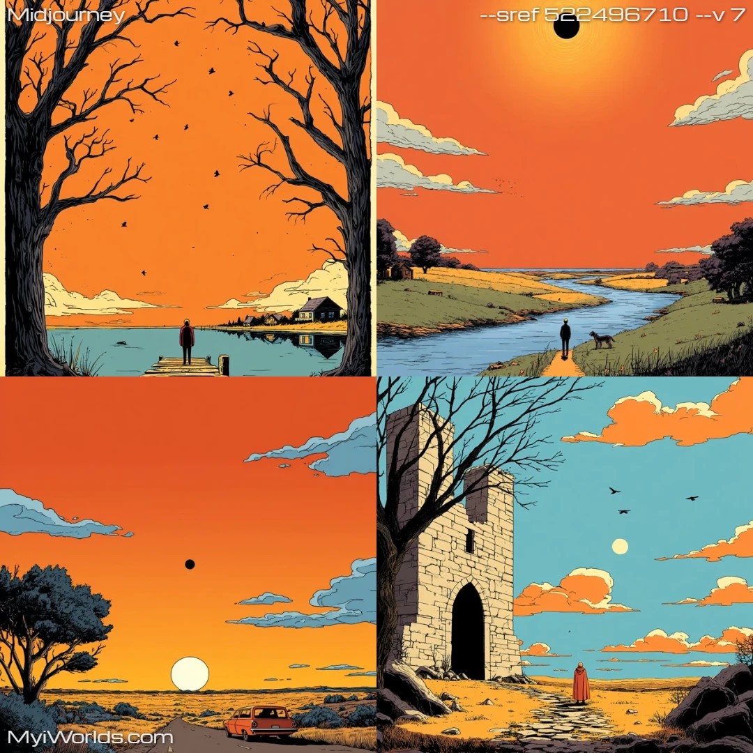 Surrealistic-art-with-a-dreamlike-landscape-and-a-limited-color-palette.