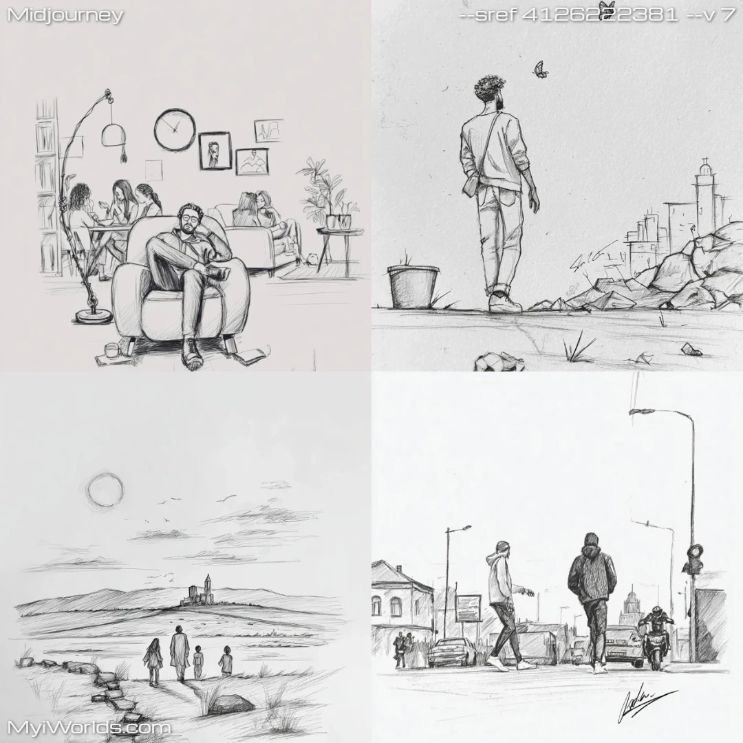 Pencil-sketch-with-monochromatic-grayscale-tones,-depicting-a-street-scene.