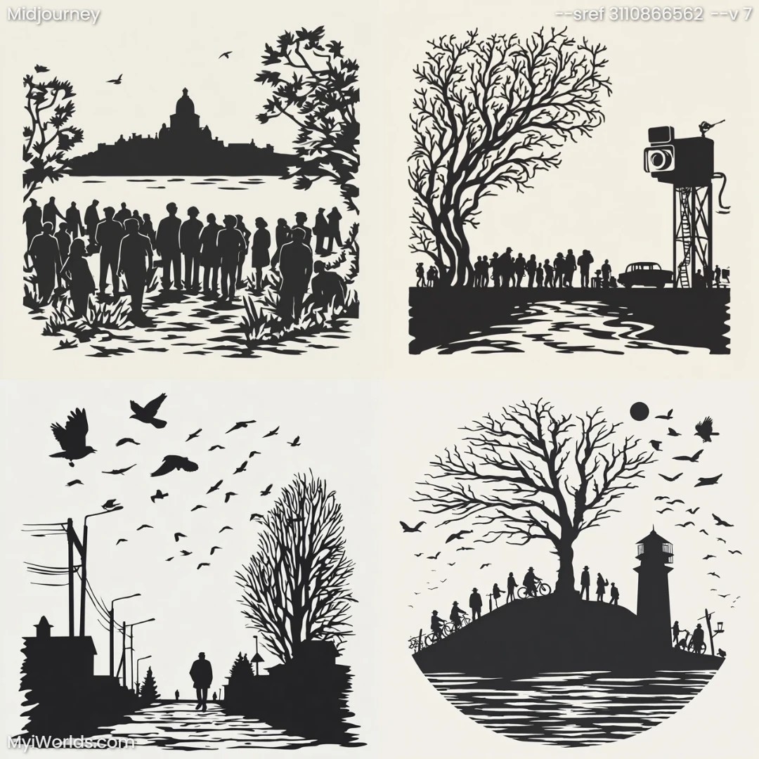 Silhouette-art-in-monochromatic-color-palette,-featuring-modern-landscape-compositions.